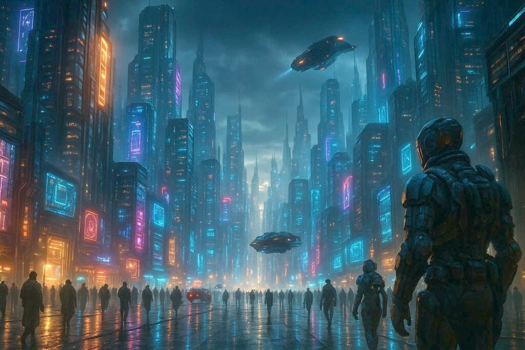 Cidade cyberpunk ao anoitecer, com arranha-céus em neon e veículos voadores