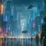 Cidade cyberpunk ao anoitecer, com arranha-céus em neon e veículos voadores