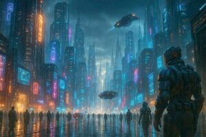 Cidade cyberpunk ao anoitecer, com arranha-céus em neon e veículos voadores