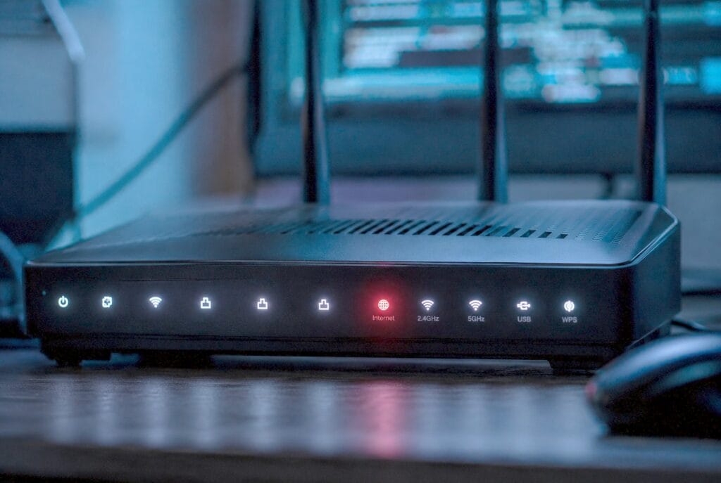 Roteador wifi sobre mesa escura com o LED de Internet aceso em vermelho entre os demais LEDs brancos, telas com codigo desfocadas ao fundo
