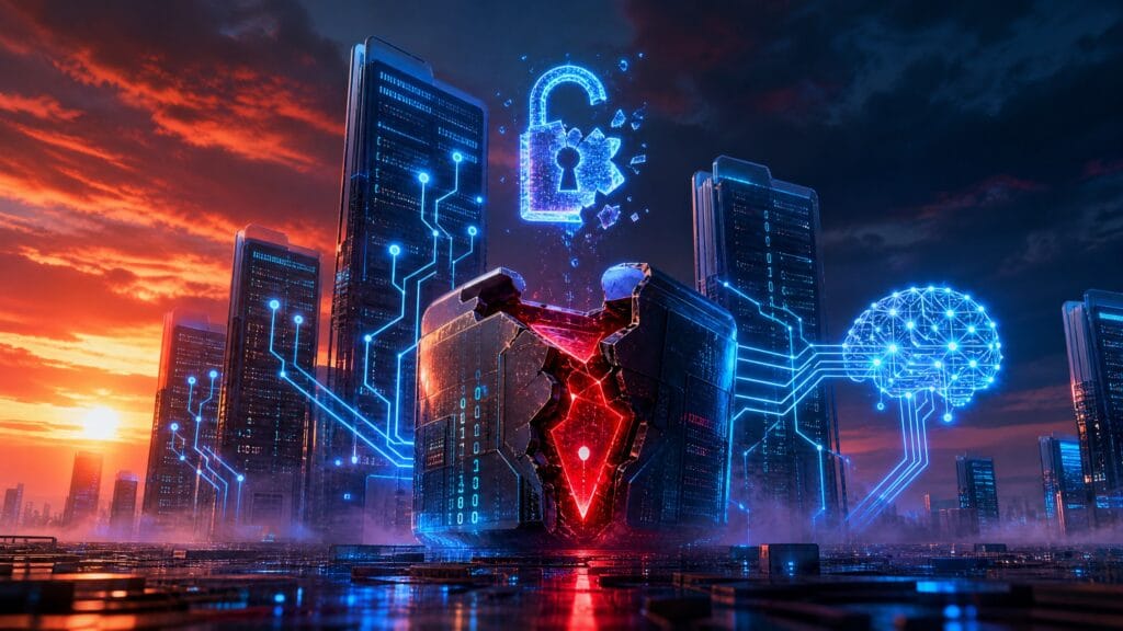 Cofre de codigo rachado com cadeado digital quebrado e cerebro em wireframe sobre cidade cyberpunk ao por do sol