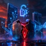 Cofre de codigo rachado com cadeado digital quebrado e cerebro em wireframe sobre cidade cyberpunk ao por do sol