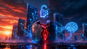 Cofre de codigo rachado com cadeado digital quebrado e cerebro em wireframe sobre cidade cyberpunk ao por do sol