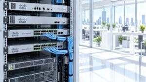 Rack com roteadores e switches Cisco Catalyst em sala clara, ilustrando a falha CVE-2026-76504 no SD-WAN Manager