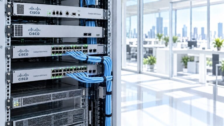 Rack com roteadores e switches Cisco Catalyst em sala clara, ilustrando a falha CVE-2026-76504 no SD-WAN Manager